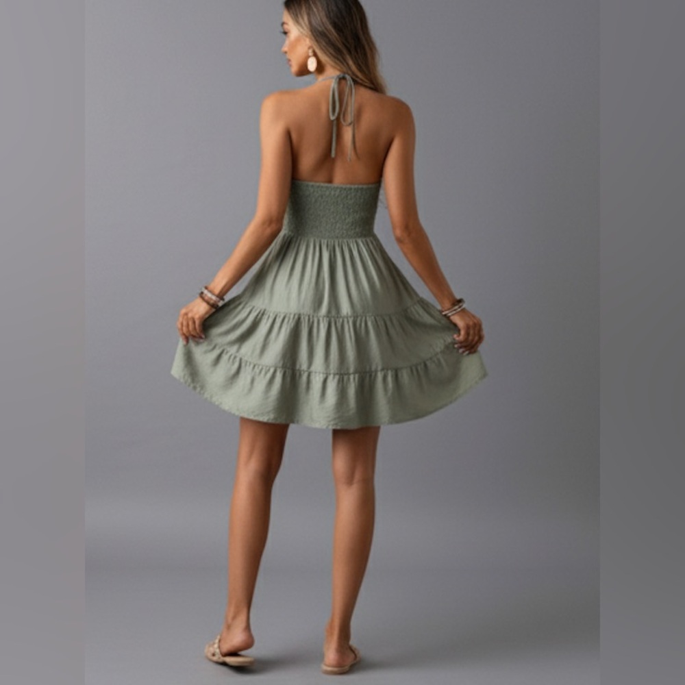 Shirred Pleated Bust Halter Mini Dress - Picture 4 of 8